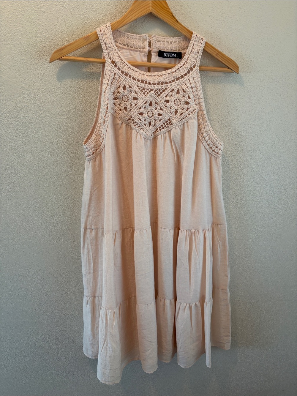 BTFBM mini dress with crochet detail | soft peach color | size medium